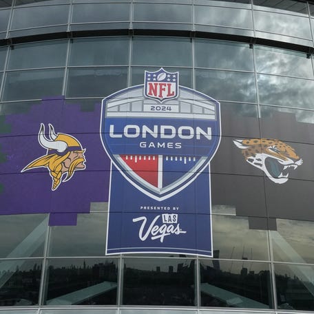 The 2024 NFL London Games, New York Jets, Minnesota Vikings, Jacksonville Jaguars and Chicago Bears logo on the facade at an NFL International Series game at Tottenham Hotspur Stadium.