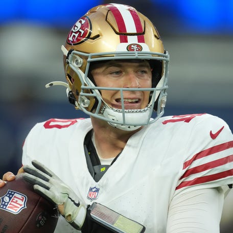 Oct 2, 2025; Inglewood, California, USA; San Francisco 49ers quarterback Mac Jones (10) drops back to pass against the Los Angeles Rams during the first half at SoFi Stadium.