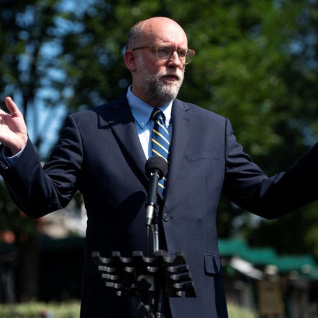 Director of the Office of Management and Budget (OMB) Russell Vought speaks to reporters outside the West Wing of the White House in Washington, D.C., U.S., July 17, 2025.