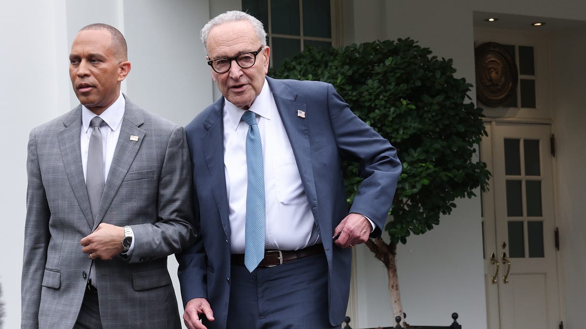 House Minority Leader Hakeem Jeffries and Senate Minority Leader Charles Schumer leave the White House following a meeting with President Donald Trump to negotiate funding legislation on Sept. 29, 2025.