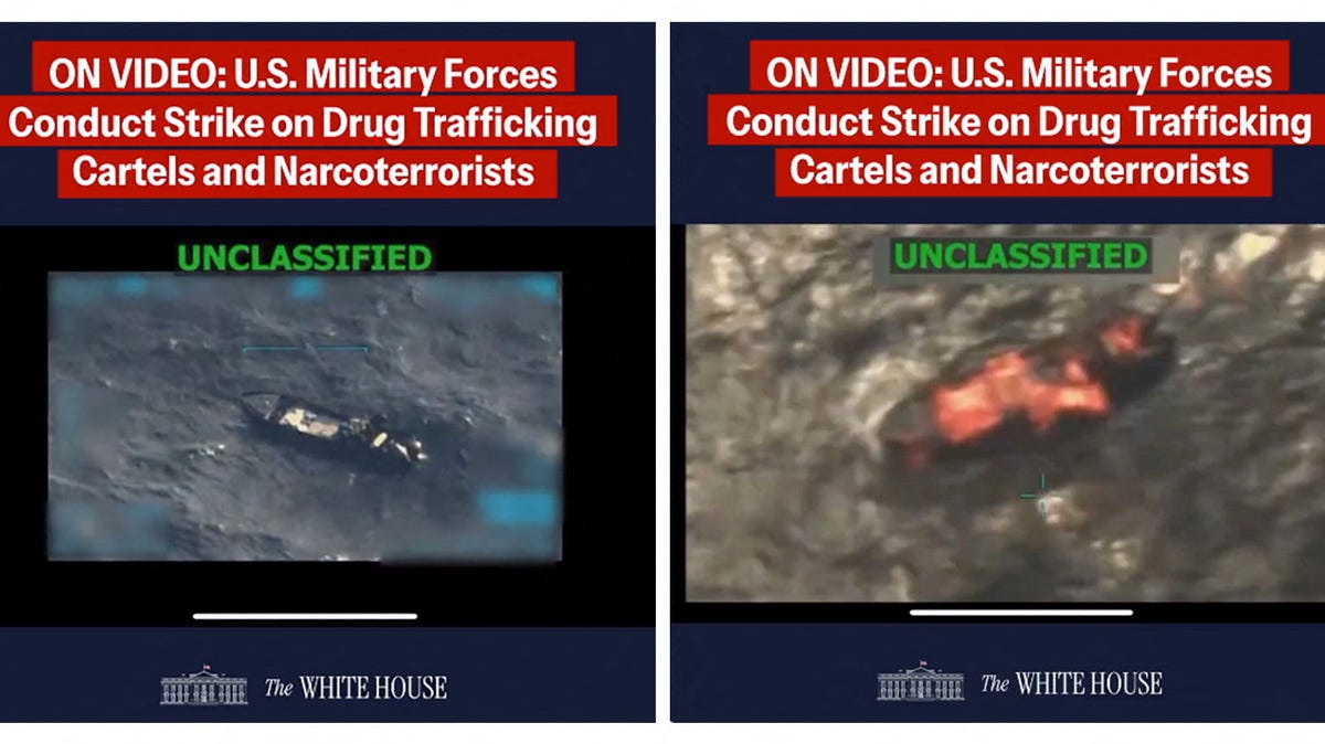 A combination image shows two screen captures from a video posted on the X account of The White House on September 15, 2025, depicting what U.S. President Donald Trump said was a U.S. military strike on a Venezuelan drug cartel vessel that had been on its way to the United States, the second such strike carried out against a suspected drug boat in recent weeks. The White House/Handout via REUTERS. THIS IMAGE HAS BEEN SUPPLIED BY A   THIRD PARTY. IMAGE BLURRED AT SOURCE Verification lines: Reuters checked the footage through our AI detection tool and found no evidence of manipulation. however, the footage is partly blurred, making it impossible to confirm if the video is manipulated. Thorough verification is an ongoing process, and Reuters will continue to review the footage as more information becomes available.