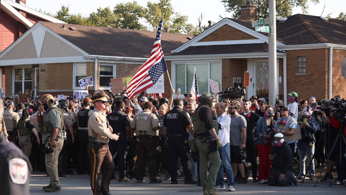 People protest outside the U.S. Immigration and Customs Enforcement (ICE) facility in the Chicago suburb of Broadview, Illinois, on Oct. 3, 2025.