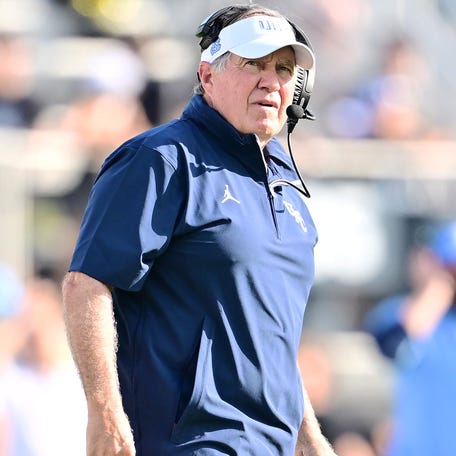 North Carolina football coach Bill Belichick watches his team during the first half against Central Florida at FBC Mortgage Stadium on Sept. 20, 2025 in Orlando, Fla.
