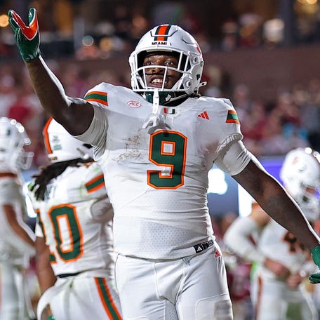 Miami tight end Elija Lofton reacts to the crowd during his team's game against Florida State at Doak S. Campbell Stadium on Oct. 4, 2025 in Tallahassee, Fla.
