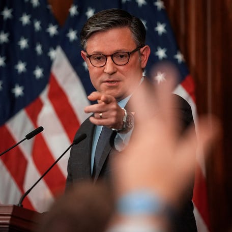 House Speaker Mike Johnson (R-LA) holds a press conference at the U.S. Capitol during the sixth day if the federal government shutdown on Oct. 6, 2025. The Senate is scheduled to vote on the stopgap funding bill for a fifth time later in the day.