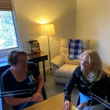 Astrid Oliver (left) and DeAnne Slaughter (right) discuss grief on a podcast.