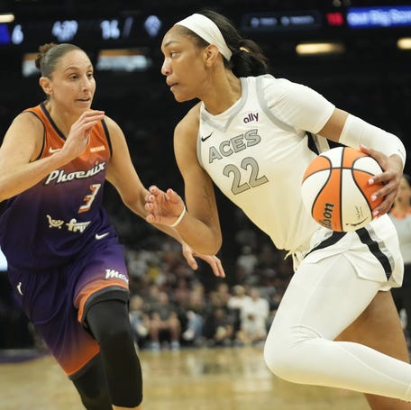Mercury guard Diana Taurasi guarding four-time MVP Las Vegas Aces center A'ja Wilson.