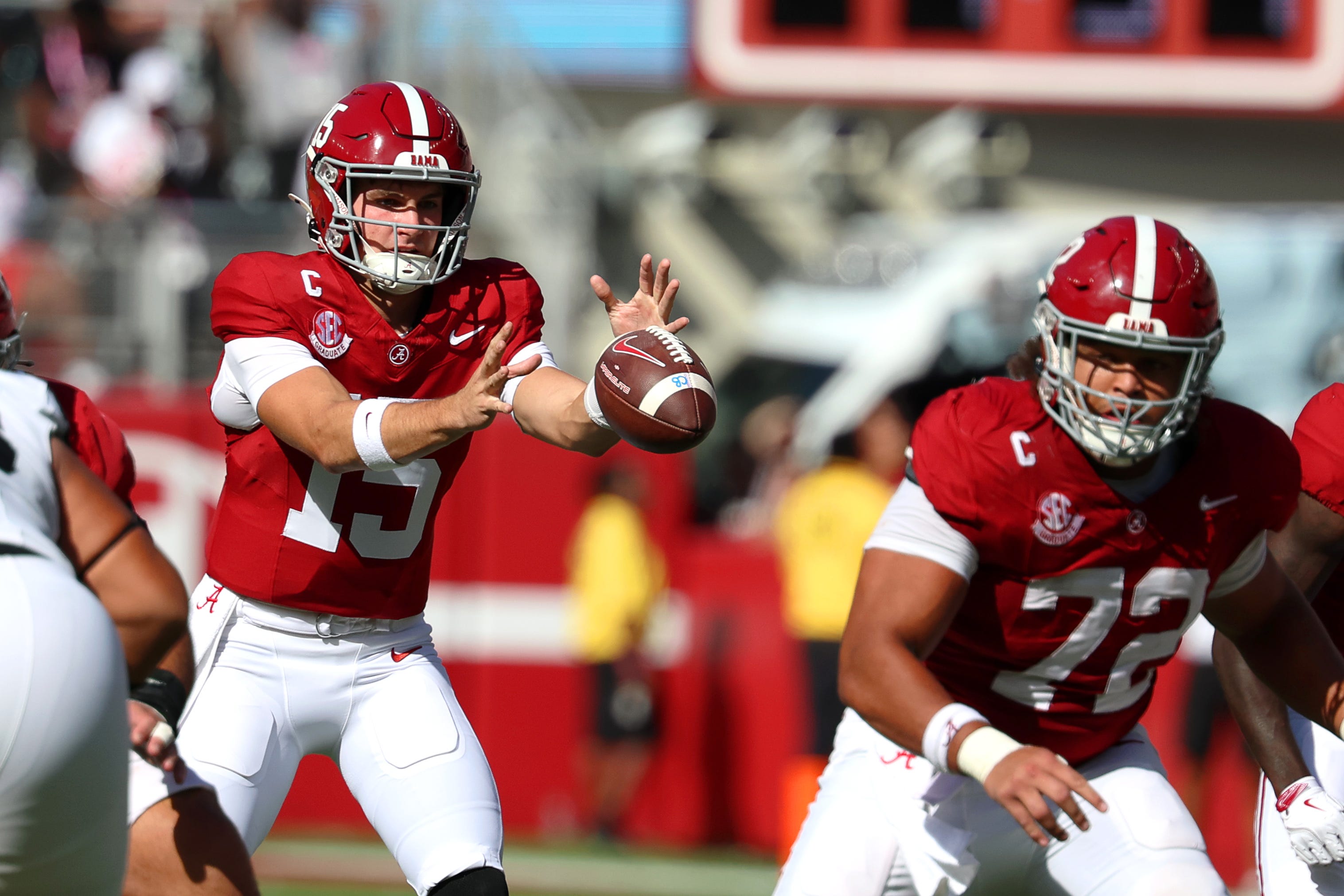 Oct 4, 2025; Tuscaloosa, Alabama, USA; Alabama Crimson Tide quarterback Ty Simpson (15) calls for the snap during the first quarter against the Vanderbilt Commodores at Saban Field at Bryant-Denny Stadium. Mandatory Credit: David Leong-Imagn Images