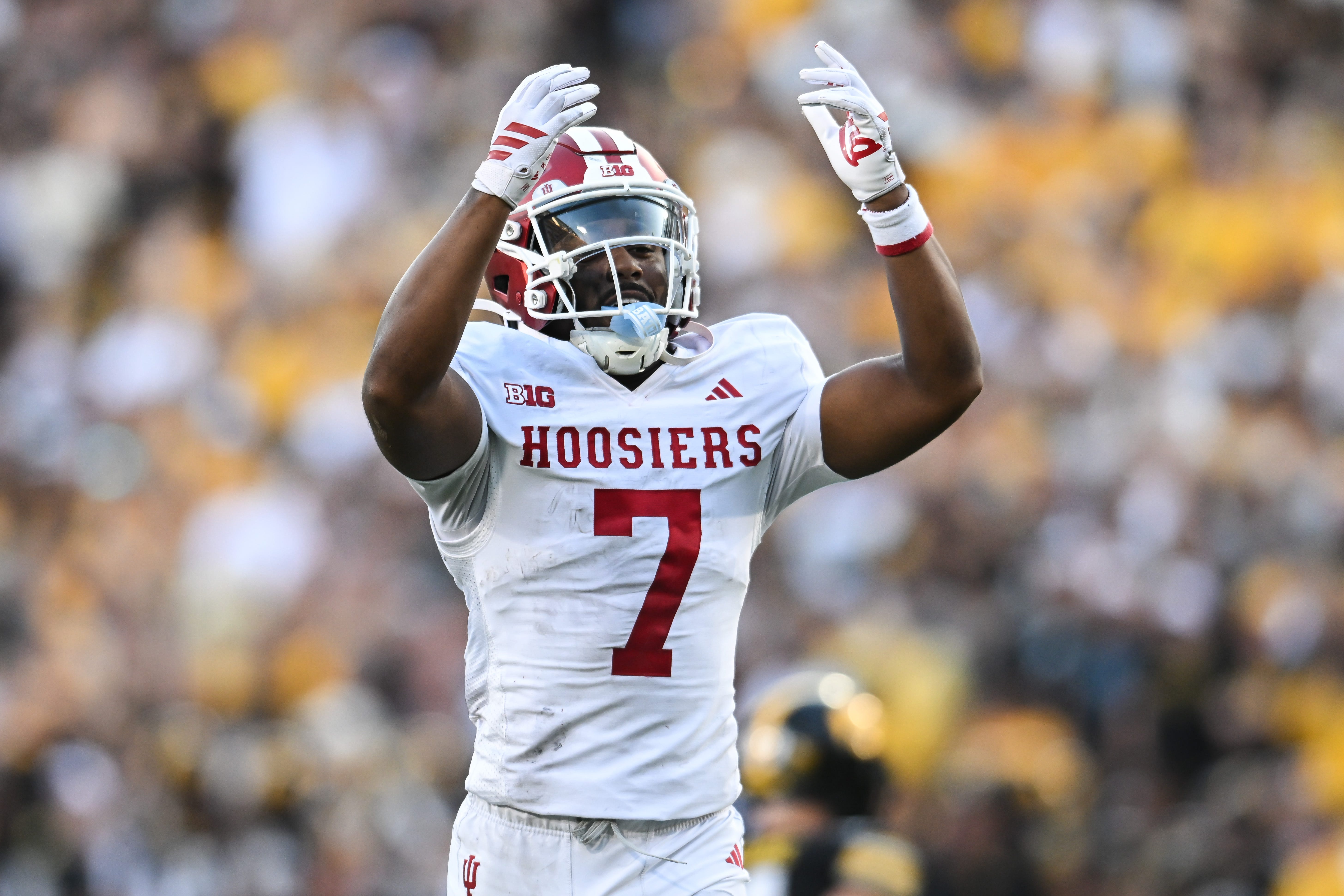 Sep 27, 2025; Iowa City, Iowa, USA; Indiana Hoosiers defensive back Louis Moore (7) reacts late in the game against the Iowa Hawkeyes at Kinnick Stadium. Mandatory Credit: Jeffrey Becker-Imagn Images