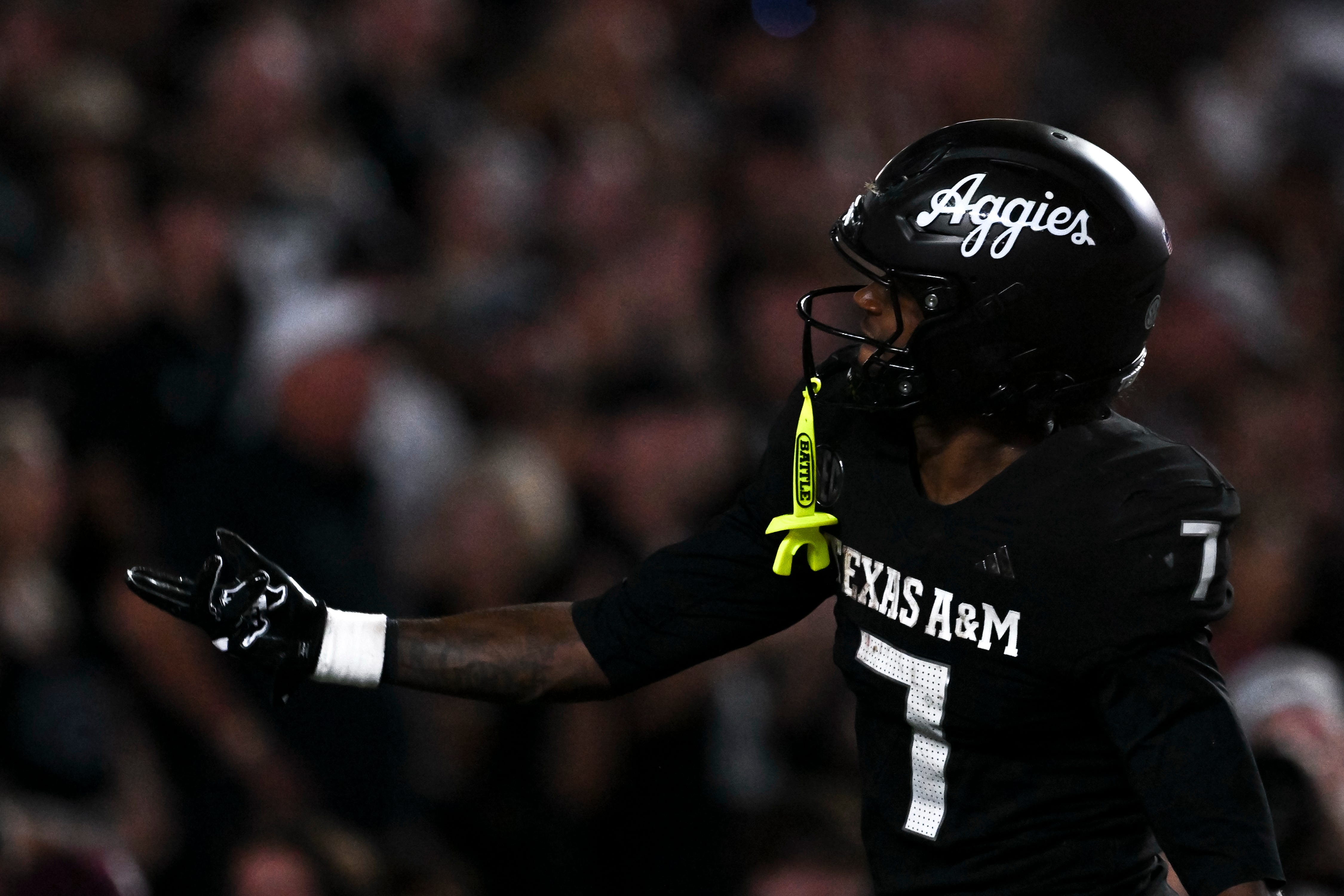 Oct 4, 2025; College Station, Texas, USA; Texas A&M Aggies wide receiver KC Concepcion (7) reacts after scoring a touchdown during the third quarter against the Mississippi State Bulldogs at Kyle Field. Mandatory Credit: Maria Lysaker-Imagn Images