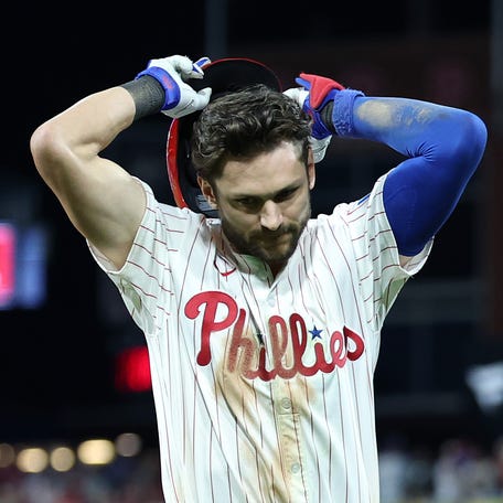 Trea Turner reacts after the final out of Game 2.