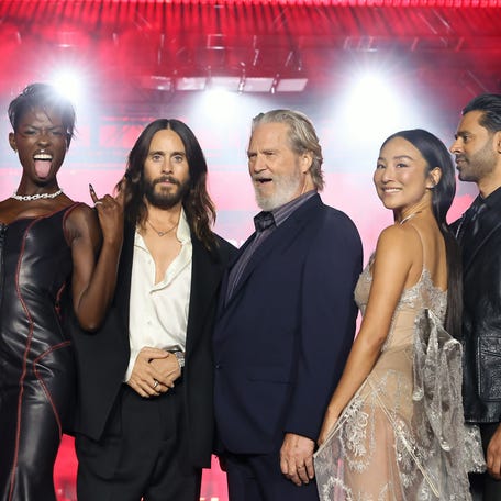 HOLLYWOOD, CALIFORNIA - OCTOBER 06: (L-R) Jodie Turner-Smith, Jared Leto, Jeff Bridges, Greta Lee, Hasan Minhaj and Sarah Desjardins attend the World Premiere of Disney's Tron: Ares at the TCL Chinese Theater in Hollywood, CA on October 06, 2025. (Photo by Rodin Eckenroth/Getty Images for Disney)