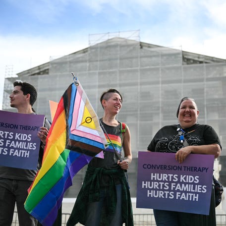 Demonstrators protest against conversion therapy outside the Supreme Court as the Court hears oral arguments in Chiles v. Salazar, a landmark case on conversion therapy, on Oct. 7, 2025, in Washington, DC. The Supreme Court will hear a challenge today by a Christian therapist to a Colorado law that bans "conversion therapy" for minors who are questioning their gender identity or sexual orientation. The case was brought by Kaley Chiles, a licensed mental health   counselor who argues that the prohibition from holding such conversations with minors is a violation of her First Amendment free speech rights.
