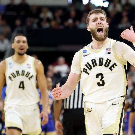 PROVIDENCE, RHODE ISLAND - MARCH 22: Braden Smith #3 of the Purdue Boilermakers reacts against the McNeese State Cowboys during the first half in the second round of the NCAA Men's Basketball Tournament at Amica Mutual Pavillion on March 22, 2025 in Providence, Rhode Island. (Photo by Emilee Chinn/Getty Images)