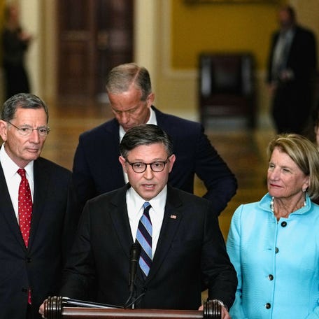 House Speaker Mike Johnson speaks to reporters while Senate Republican leaders hold a press conference following their weekly policy lunch as the partial government shutdown continues, on Capitol Hill in Washington, D.C., U.S., October 7, 2025.