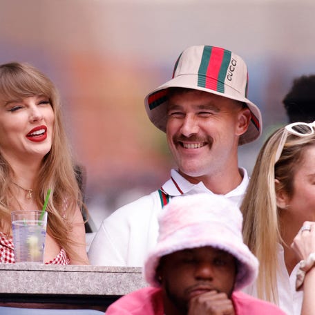 Taylor Swift, left, and Travis Kelce attend the US Open tennis tournament at the USTA Billie Jean King National Tennis Center in New York City, on Sept. 8, 2024.