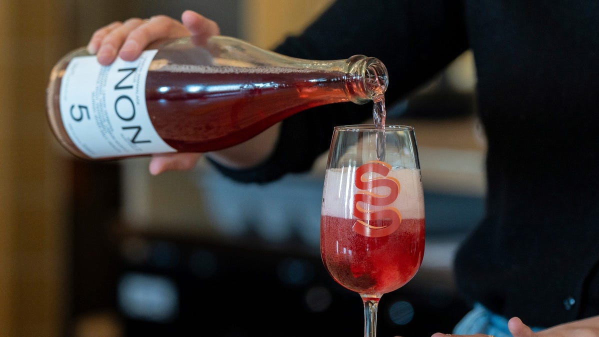 A glass of NON5, a lemon marmalade & hibiscus non-alcoholic wine at Vesper Books and Wine in Detroit on Friday, March 21, 2025.