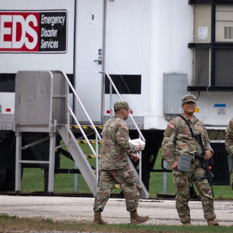 Members of the Texas National Guard are seen at the Elwood Army Reserve Training Center on Oct. 7, 2025 in Elwood, Illinois.