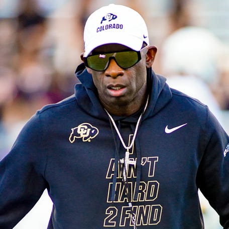 Colorado Buffaloes head coach Deion Sanders on the field during warmups prior to a game against the TCU Horned Frogs at Amon G. Carter Stadium on Oct. 4. 2025.