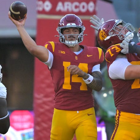 Southern California quarterback Jayden Maiava (14) throws a pass during the first half against Georgia Southern at United Airlines Field at Los Angeles Memorial Coliseum.