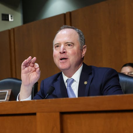 U.S. Senator Adam Schiff (D-CA) gestures as he speaks while FBI Director Kash Patel testifies before a Senate Judiciary Committee hearing on oversight of the Federal Bureau of Investigation, on Capitol Hill in Washington, D.C., U.S., September 16, 2025. REUTERS/Jonathan Ernst