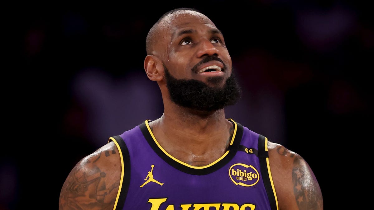Los Angeles Lakers forward LeBron James reacts during the second quarter against the New York Knicks at Madison Square Garden.