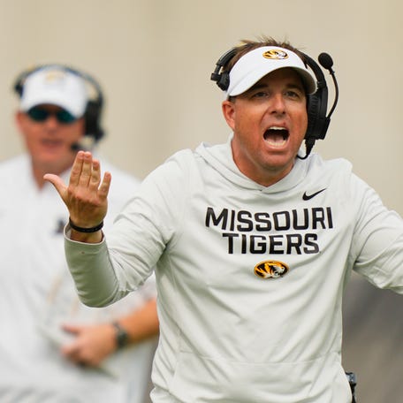 Oct 11, 2025; Columbia, Missouri, USA; Missouri Tigers head coach Eli Drinkwitz reacts during the second half of the game against the Alabama Crimson Tide at Faurot Field at Memorial Stadium. Mandatory Credit: Jay Biggerstaff-Imagn Images