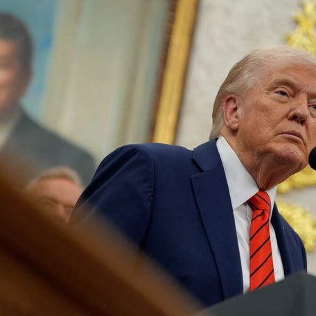 U.S. President Donald Trump looks on during an announcement about lowering U.S. drug prices, at the White House in Washington, D.C., U.S., October 10, 2025. REUTERS/Kent Nishimura