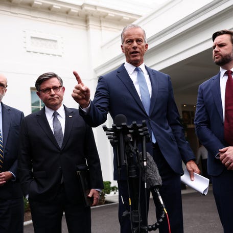 Senate Majority Leader John Thune, R-South Dakota, speaks to reporters next to Vice President JD Vance, Office of Management and Budget Director Russell Vought and House Speaker Mike Johnson, R-Louisiana, on the day President Donald Trump meets with top congressional leaders from both parties, just ahead of a Sept. 30 deadline to fund the government and avoid a shutdown, at the White House in Washington, D.C., on Sept. 29, 2025.