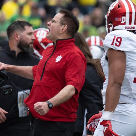 Indiana Curt Cignetti expresses his anger after a pass interference no call against Oregon during the second quarter at Autzen Stadium October 11, 2025.