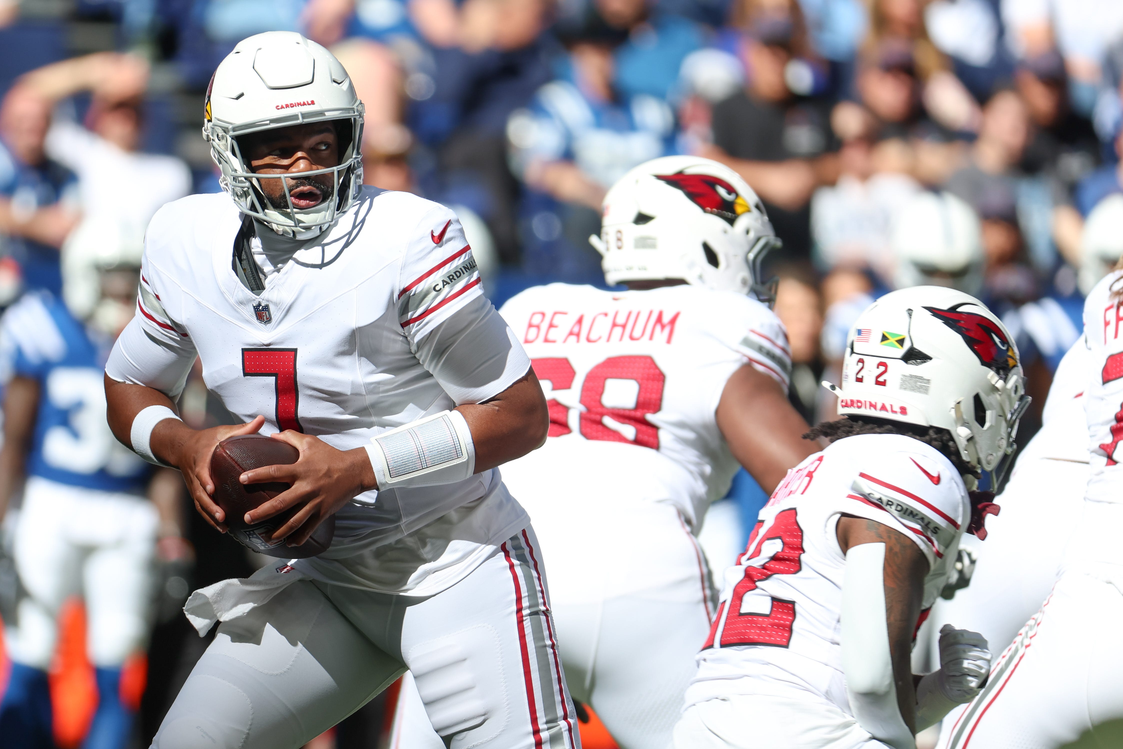 Oct 12, 2025; Indianapolis, Indiana, USA; Arizona Cardinals quarterback Jacoby Brissett (7) looks to pass the ball against the Indianapolis Colts during the first quarter of the game at Lucas Oil Stadium. Mandatory Credit: Trevor Ruszkowski-Imagn Images
