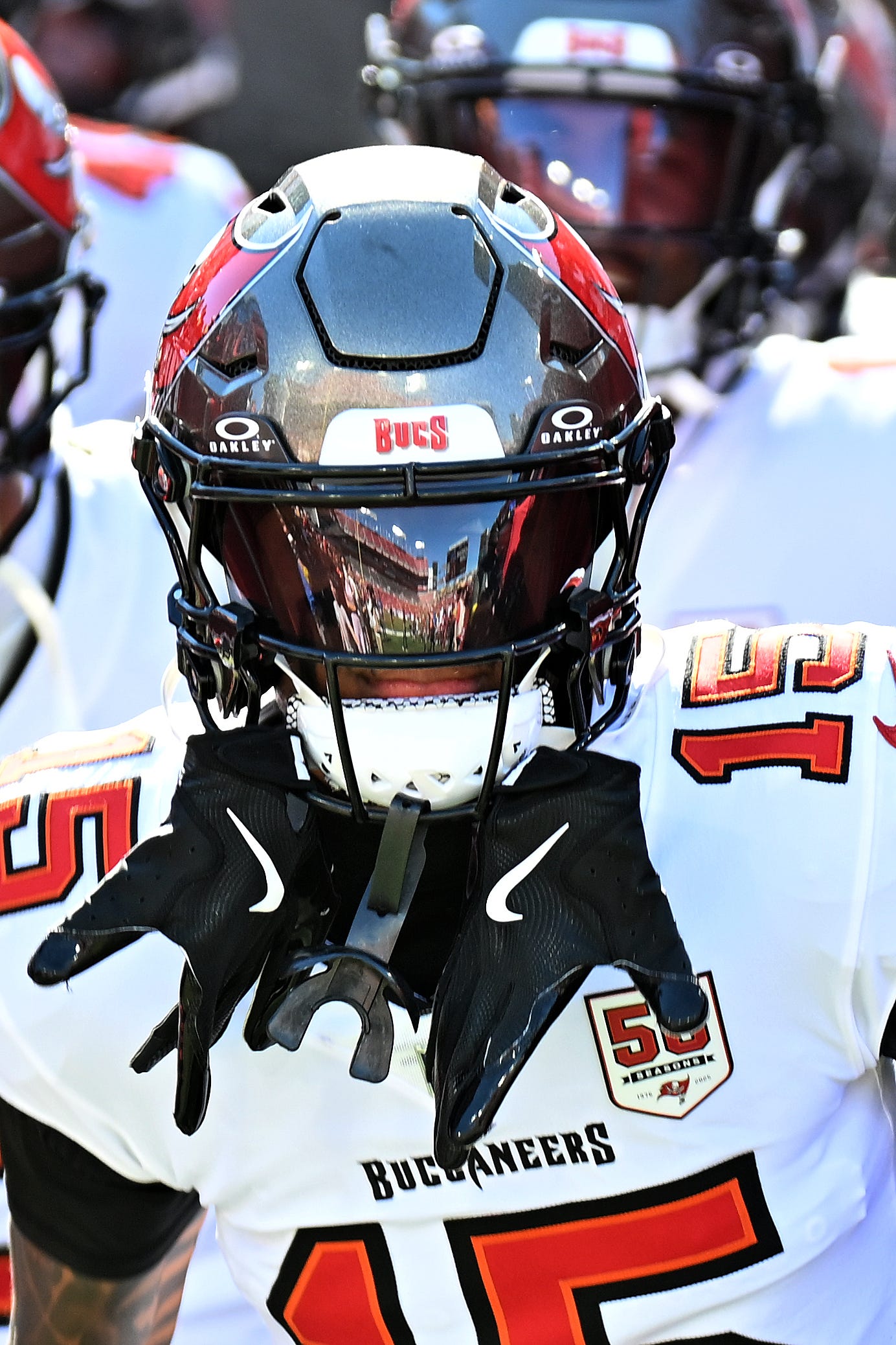 Oct 12, 2025; Tampa, Florida, USA; Tampa Bay Buccaneers wide receiver Tez Johnson (15) warms up before a game against the San Francisco 49ers at Raymond James Stadium. Mandatory Credit: Jonathan Dyer-Imagn Images