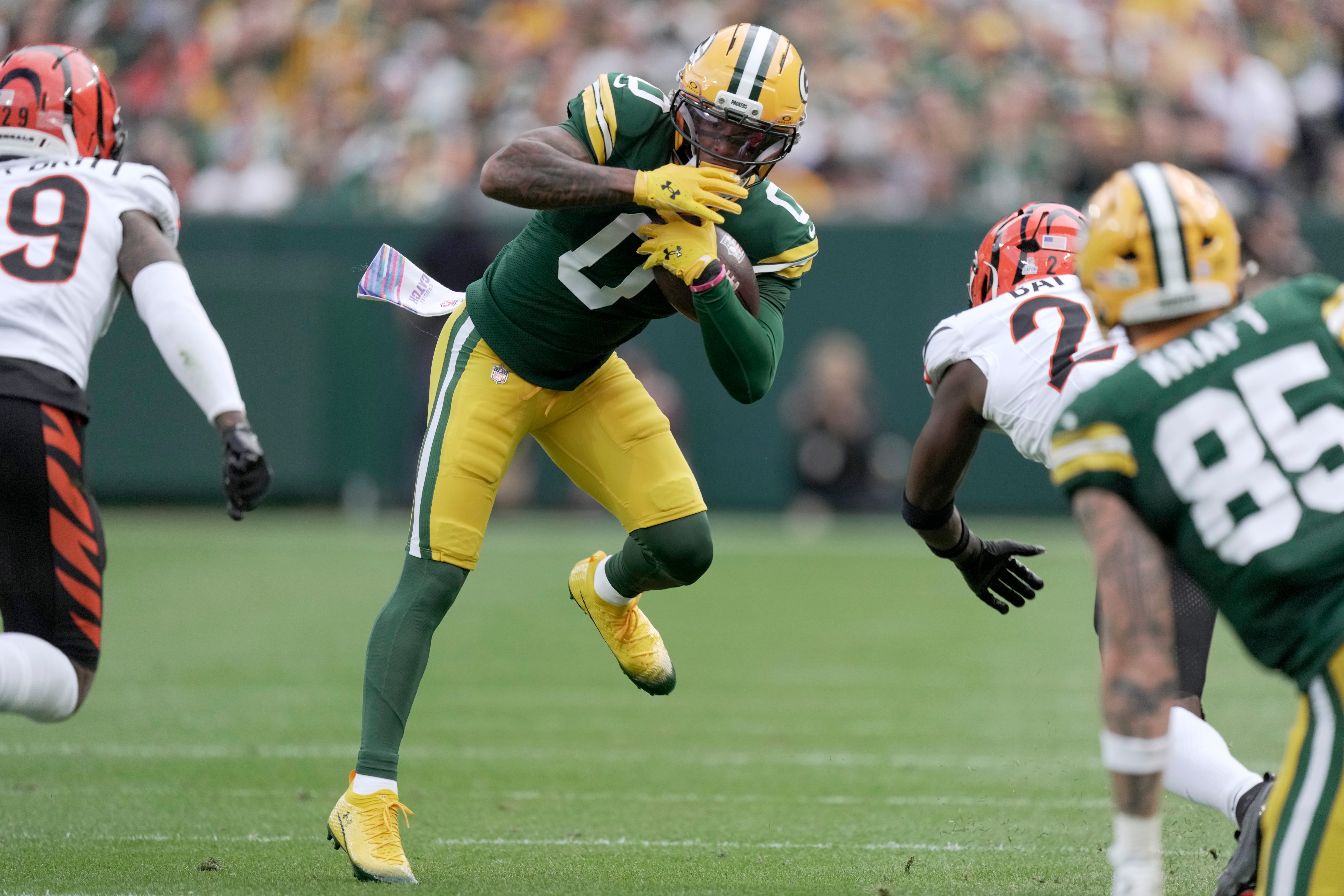 Oct 12, 2025; Green Bay, Wisconsin, USA; Green Bay Packers wide receiver Matthew Golden (0) makes a reception during the first quarter of their game against the Cincinnati Bengals at Lambeau Field. Mandatory Credit: Mark Hoffman-USA TODAY Network via Imagn Images