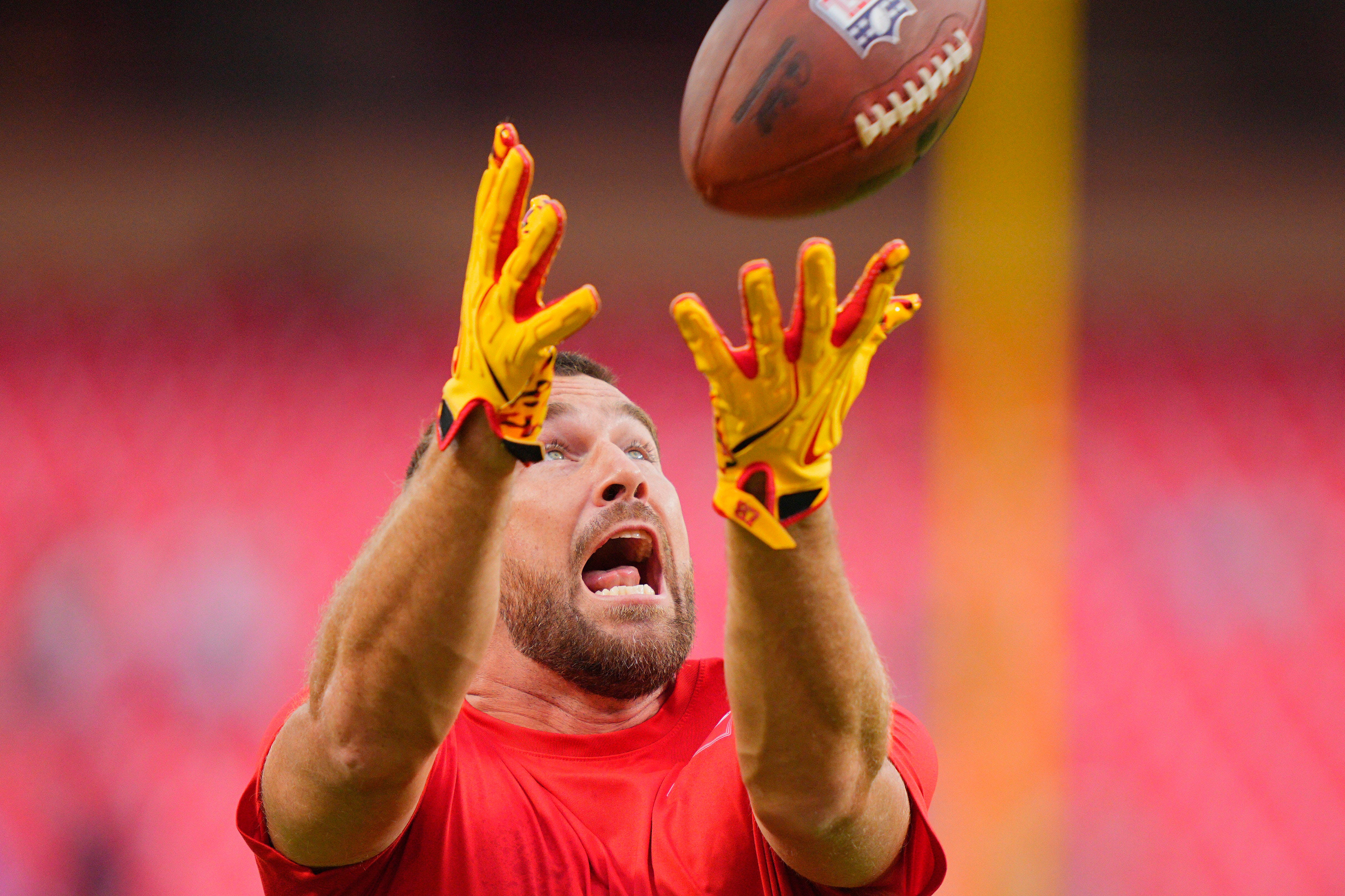 Oct 12, 2025; Kansas City, Missouri, USA; Kansas City Chiefs tight end Travis Kelce (87) practices before the game against the Detroit Lions at GEHA Field at Arrowhead Stadium. Mandatory Credit: Jay Biggerstaff-Imagn Images