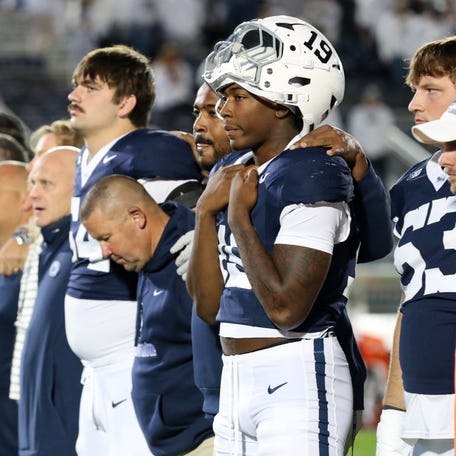 Oct 11, 2025; University Park, Pennsylvania, USA; Penn State Nittany Lion players sing their alma mater following the game against the Northwestern Wildcats at Beaver Stadium. Mandatory Credit: Matthew O'Haren-Imagn Images