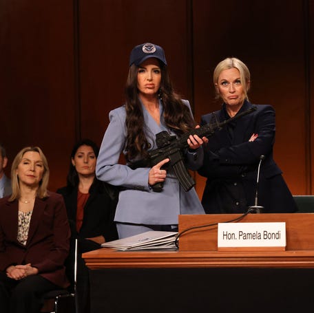 Tina Fey as Kristi Noem and Amy Poehler as Pam Bondi on "Saturday Night Live" on Oct. 11, 2025.