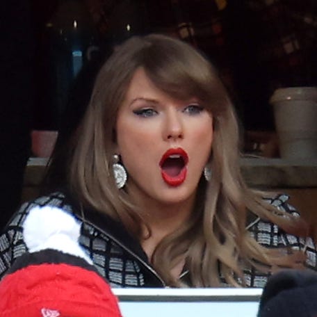 Taylor Swift reacts during the first quarter in the AFC Divisional Playoff between the Houston Texans and the Kansas City Chiefs at Arrowhead Stadium on Jan. 18, 2025, in Kansas City, Missouri.