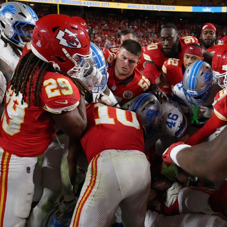 The Kansas City Chiefs and the Detroit Lions fight after the game at Arrowhead Stadium on October 12, 2025 in Kansas City, Missouri.