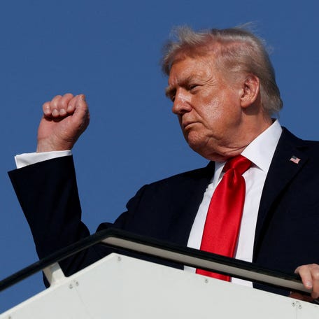 President Donald Trump boards Air Force One on Oct. 13, 2025, en route to Sharm El-Sheikh, Egypt, to attend a world leaders' summit on ending the Gaza war, amid a U.S.-brokered prisoner-hostage swap and ceasefire deal.