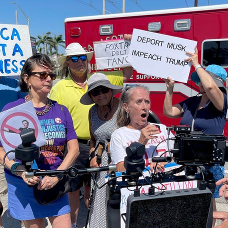 Over 300 people gathered for a second protest of demonstrators and supporters that congregated on the University Parkway sidewalk near UTC's Tesla store in Sarasota on Saturday, March 15, 2025. They were/are protesting Elon Musk, DOGE, and the new government overreach called a #TESLATAKEDOWN mirroring state-wide and national protests that are working to hold government officials and the newly created Department of Government Efficiency run by tech billionaire Elon Musk,   accountable for the changes taking place under Donald Trump's second administration.