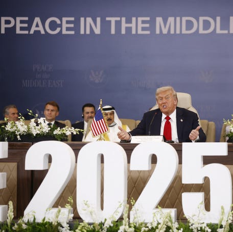 President Donald Trump speaks during the official signing of the first phase of the Gaza ceasefire agreement between Israel and Hamas, in Sharm El-Sheikh, Egypt, on Oct. 13, 2025.
