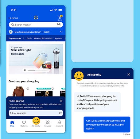 Walmart launched its Sparky AI shopping assistant, shown here, in June and is now partnering with OpenAI to let customers shop with and pay using its ChatGPT chatbot.