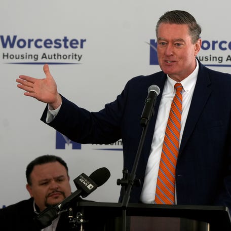 Edward Augustus, secretary of Housing and Livable Communities, speaks during the groundbreaking ceremony for the first two phases of the Lakeside Apartments' redevelopment.