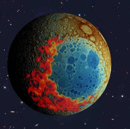 The moon's south pole has an impact basin on its far side, meaning the side facing away from Earth. A new study has found that the asteroid that created the South Pole-Aitkin basin (blue) unleashed radioactive lunar material, known as KREEP (red) in an area where NASA's Artemis III astronauts will land as early as 2027.