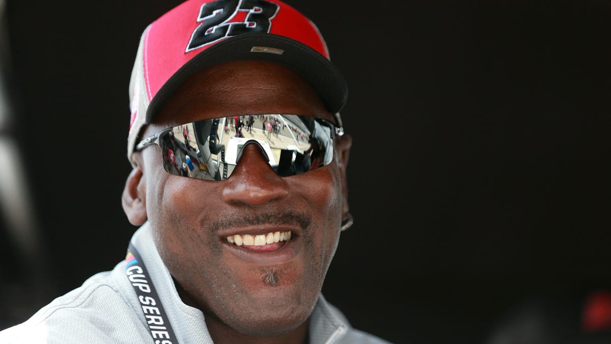 NBA Hall of Famer Michael Jordan and co-owner of 23XI Racing looks on from the 23XI Racing pit box prior to the NASCAR Cup Series Pocono Organics CBD 325 at Pocono Raceway on June 26, 2021 in Long Pond, Pa.