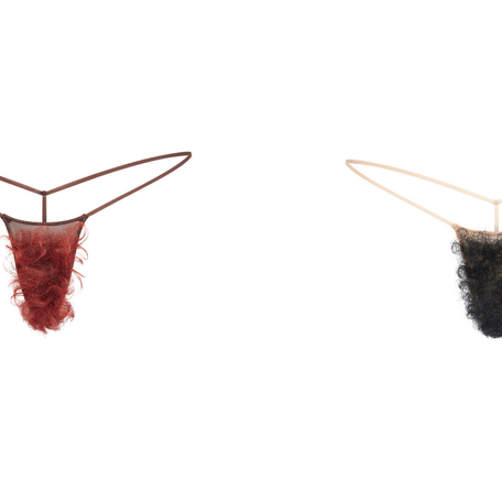 Skims' faux hair micro string thongs in cocoa ginger curly and clay black curly.
