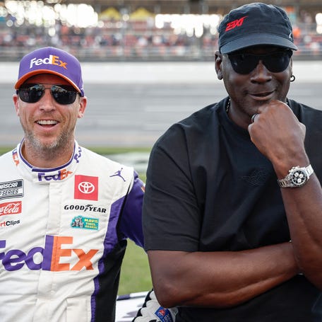 Denny Hamlin, left, and Michael Jordan, shown at Talladega Superspeedway on Oct. 2024, formed 23XI Racing in 2020, and the team made its debut at the 2021 Daytona 500.