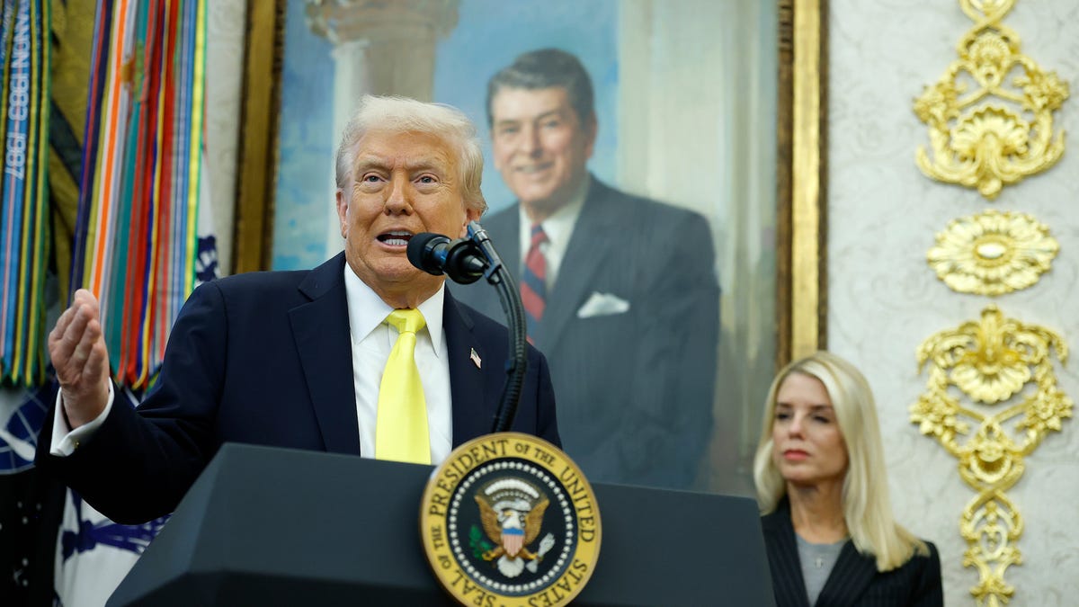 President Donald Trump speaks U.S. Attorney General Pam Bondi look on during a press conference in the Oval Office of the White House on October 15, 2025 in Washington, DC.