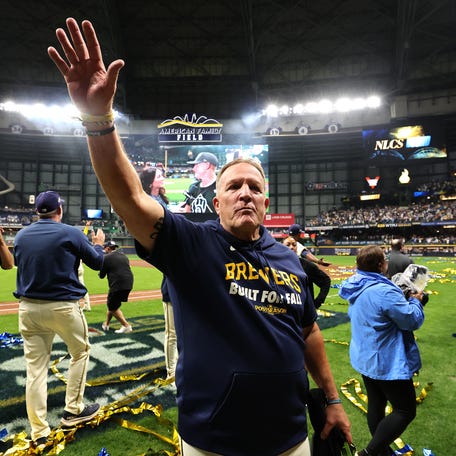 MILWAUKEE, WISCONSIN - OCTOBER 11: Pat Murphy #49 of the Milwaukee Brewers waves to the fans after winning game five of the National League Division Series against the Chicago Cubs at American Family Field on October 11, 2025 in Milwaukee, Wisconsin. (Photo by Michael Reaves/Getty Images)