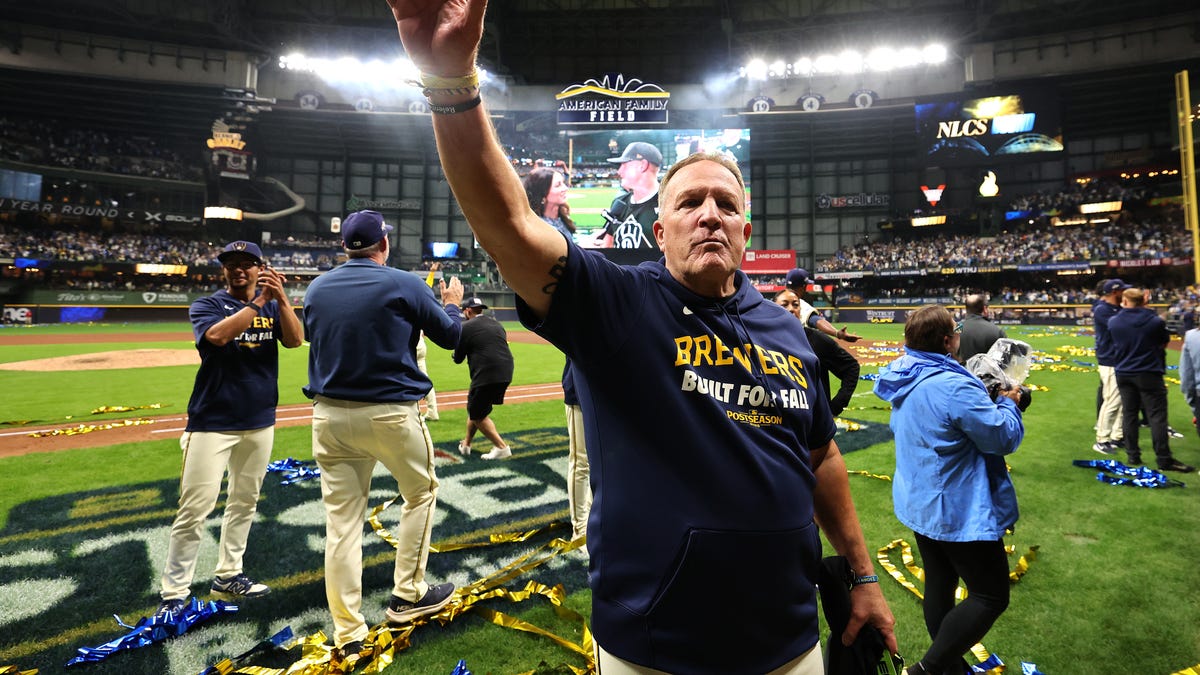 MILWAUKEE, WISCONSIN - OCTOBER 11: Pat Murphy #49 of the Milwaukee Brewers waves to the fans after winning game five of the National League Division Series against the Chicago Cubs at American Family Field on October 11, 2025 in Milwaukee, Wisconsin. (Photo by Michael Reaves/Getty Images)